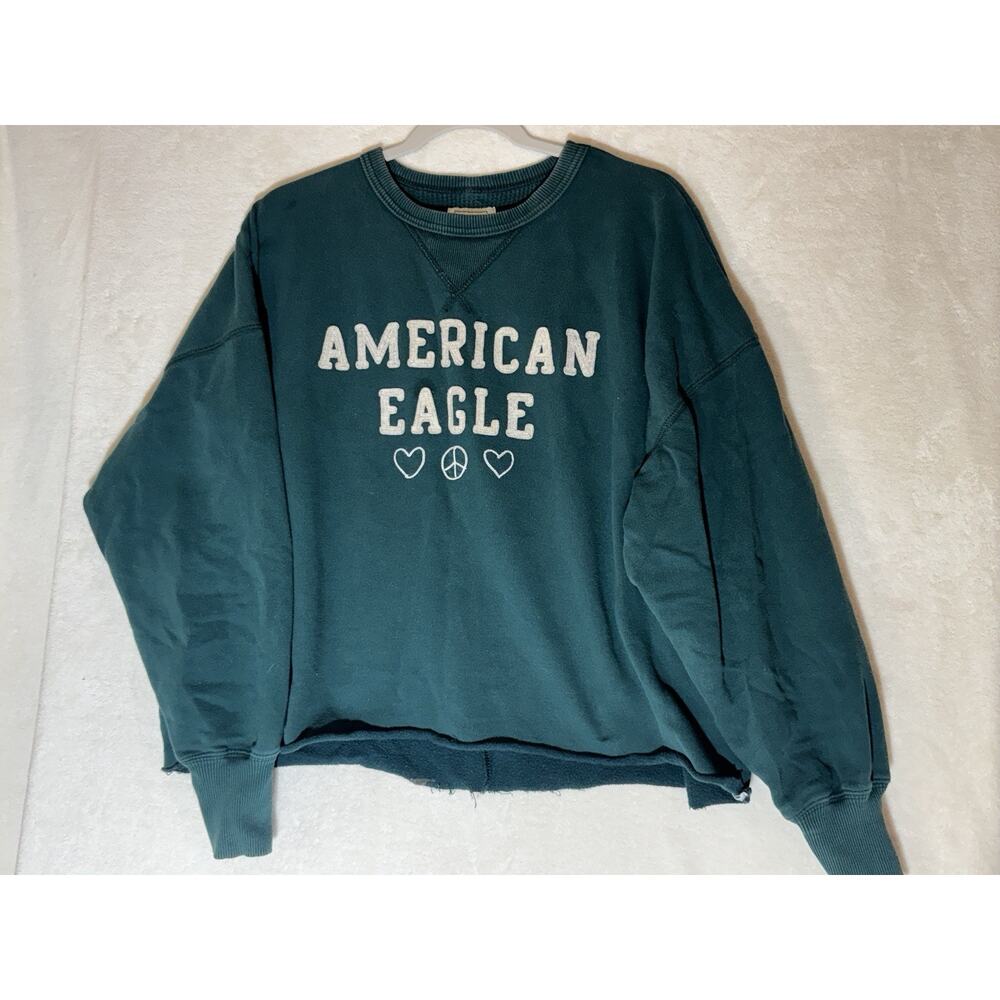 American Eagle Women's Cropped Oversized Sweatshirt Peace Love Graphics Green